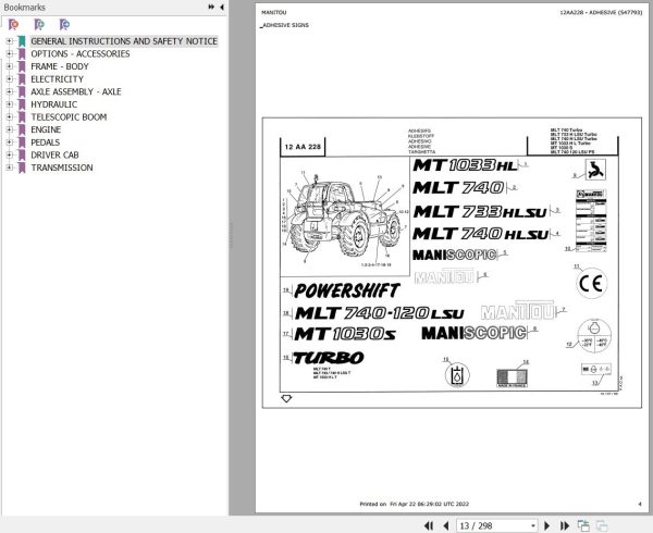 Manitou Telehandler MT 1030 S Parts Catalog 547793