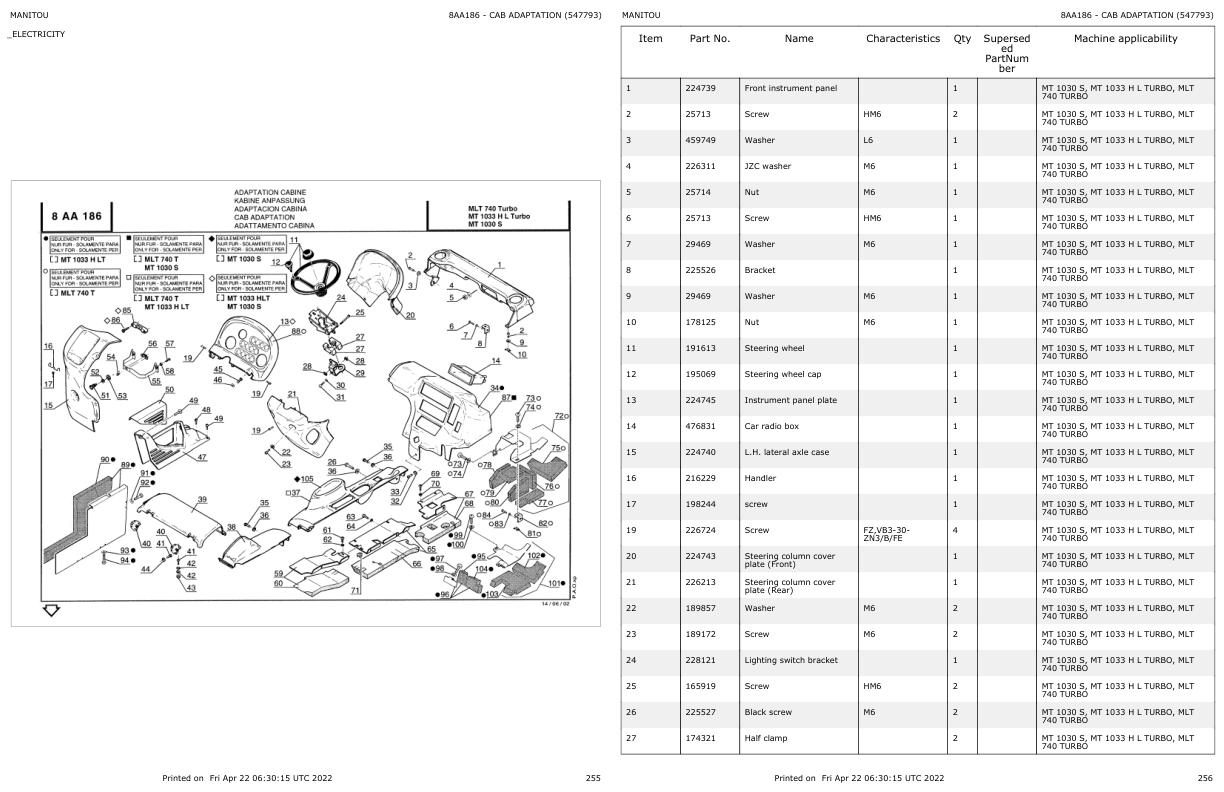 Manitou Telehandler MT 1030 S Parts Catalog 547793