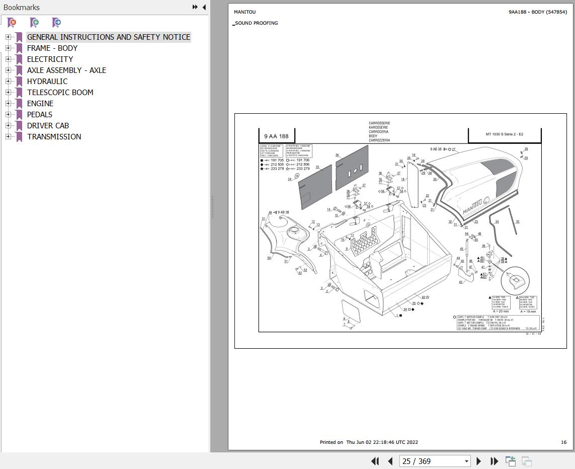 Manitou Telehandler MT 1030 S S2 E2 Parts Catalog 547854