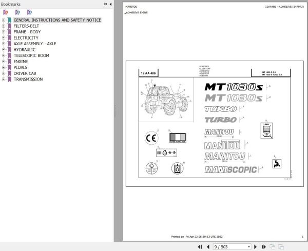 Manitou Telehandler MT 1030 S TURBO S3 E2 Parts Catalog 547973