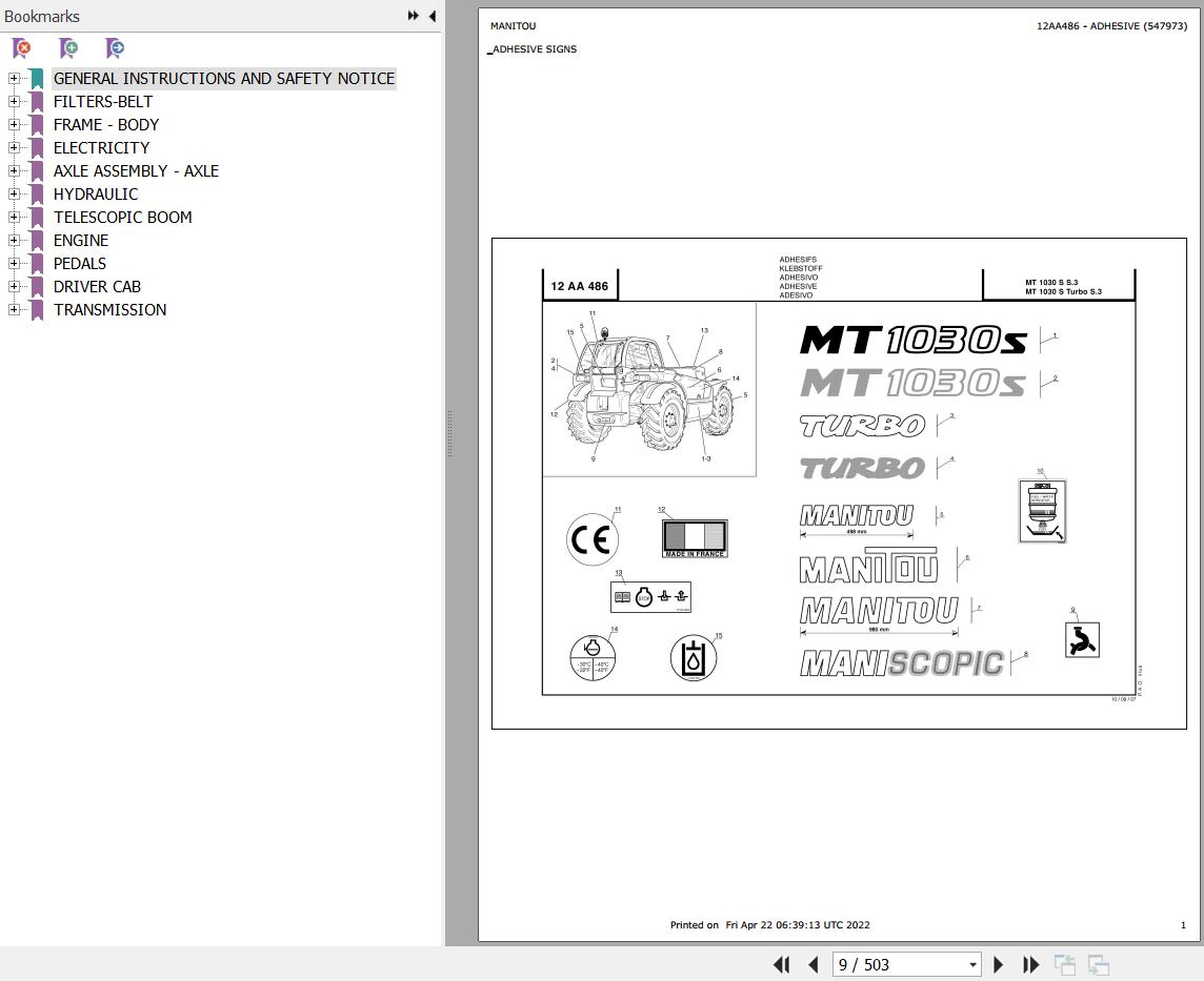Manitou Telehandler MT 1030 S TURBO S3 E2 Parts Catalog 547973