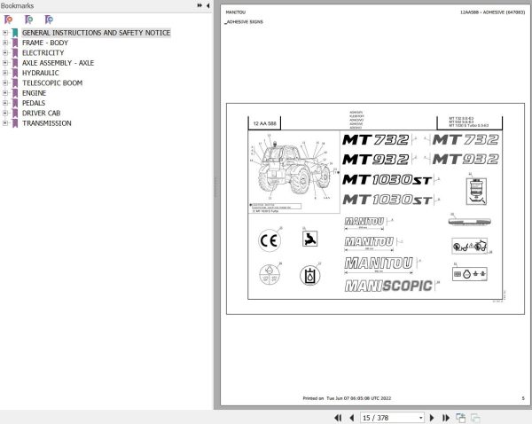 Manitou Telehandler MT 1030 S TURBO S5 E3 Parts Catalog 647083