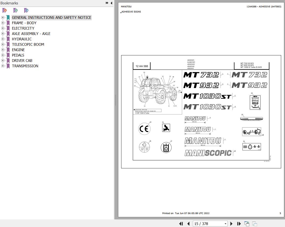 Manitou Telehandler MT 1030 S TURBO S5 E3 Parts Catalog 647083