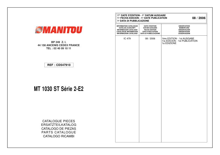 Manitou Telehandler MT 1030 ST Serie 2 E2 Parts Catalog CD547910