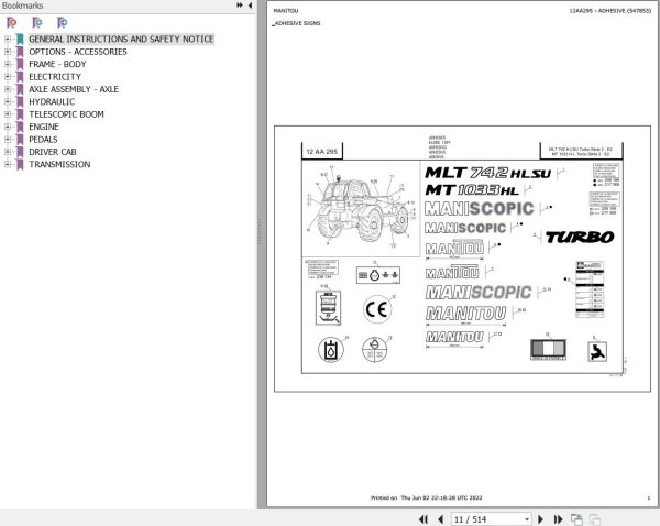 Manitou Telehandler MT 1033 H L TURBO S2 E2 Parts Catalog 547853
