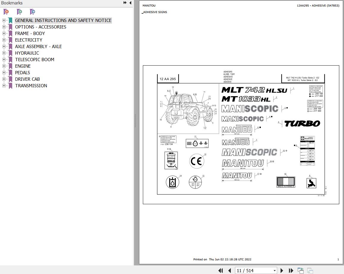 Manitou Telehandler MT 1033 H L TURBO S2 E2 Parts Catalog 547853