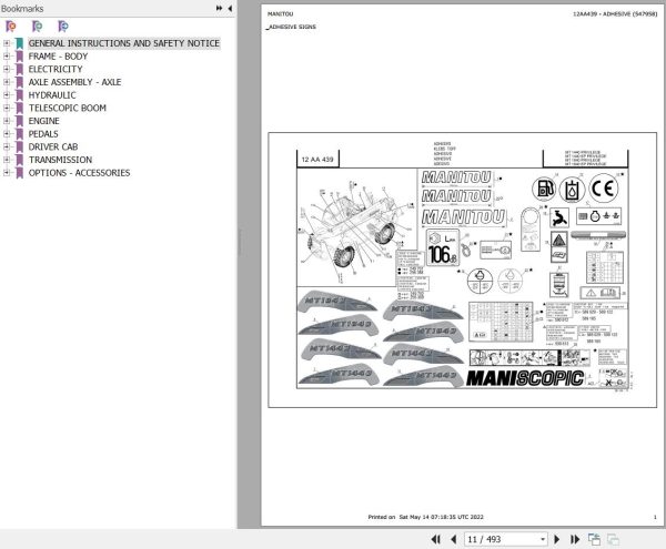 Manitou Telehandler MT 1044 EP PRIVILEGE Parts Catalog 547994