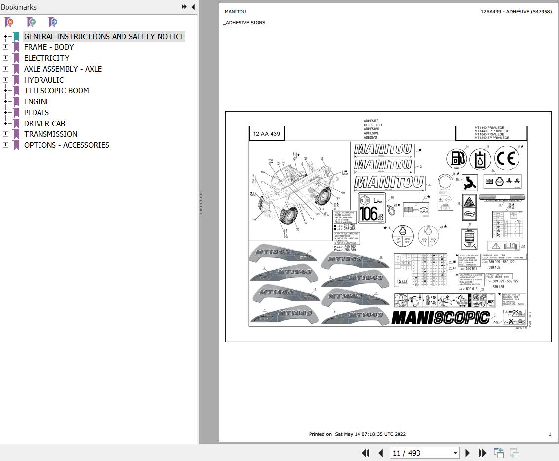 Manitou Telehandler MT 1044 EP PRIVILEGE Parts Catalog 547994