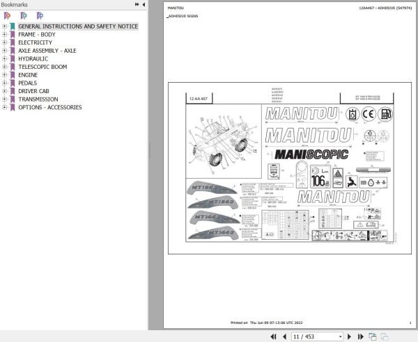Manitou Telehandler MT 1044 H PRIVILEGE Parts Catalog 547974
