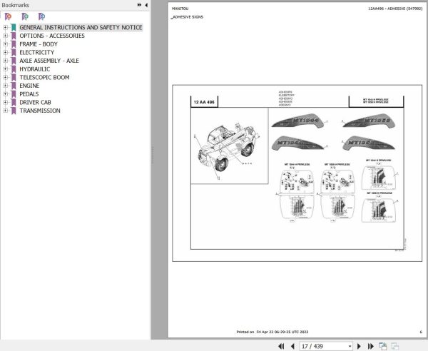Manitou Telehandler MT 1058 H PRIVILEGE Parts Catalog 547974
