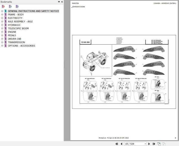 Manitou Telehandler MT 1058 PRIVILEGE Parts Catalog 547958