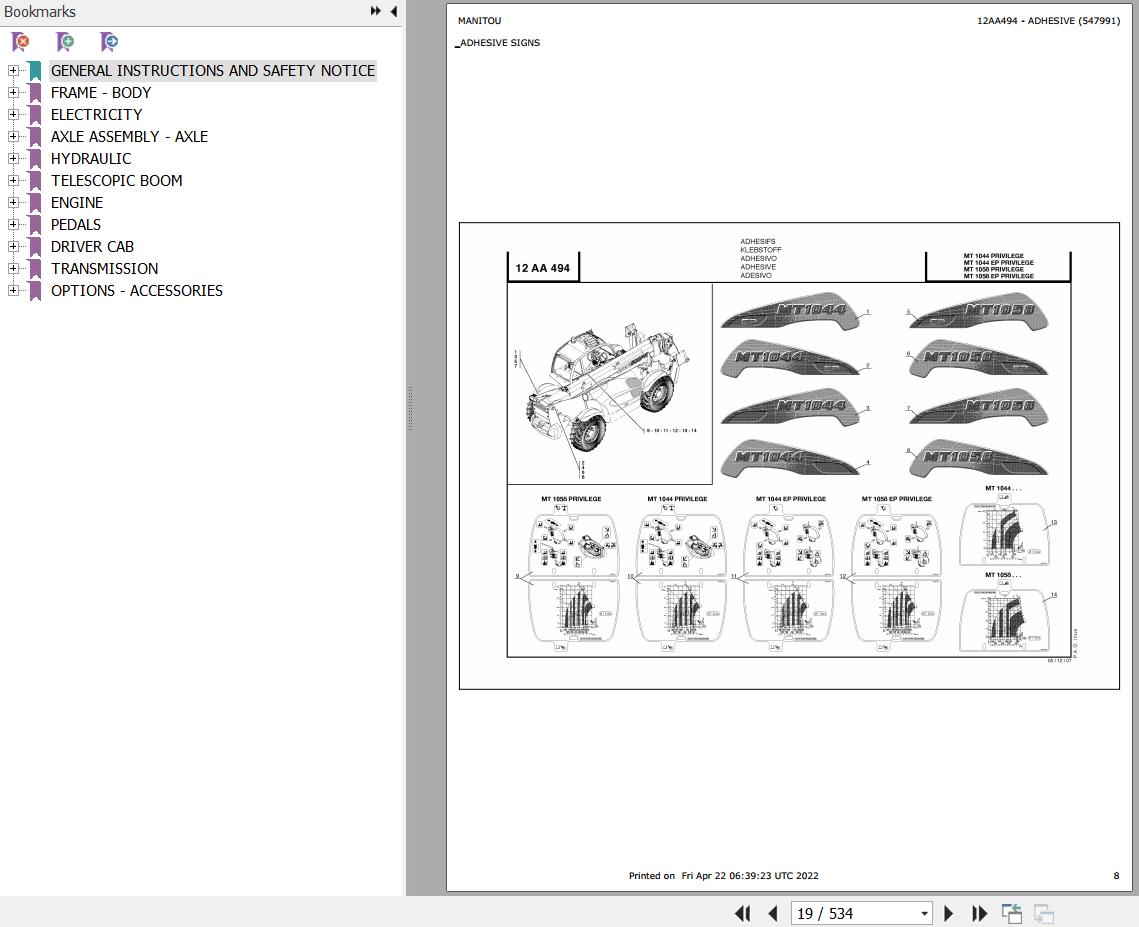 Manitou Telehandler MT 1058 PRIVILEGE Parts Catalog 547958