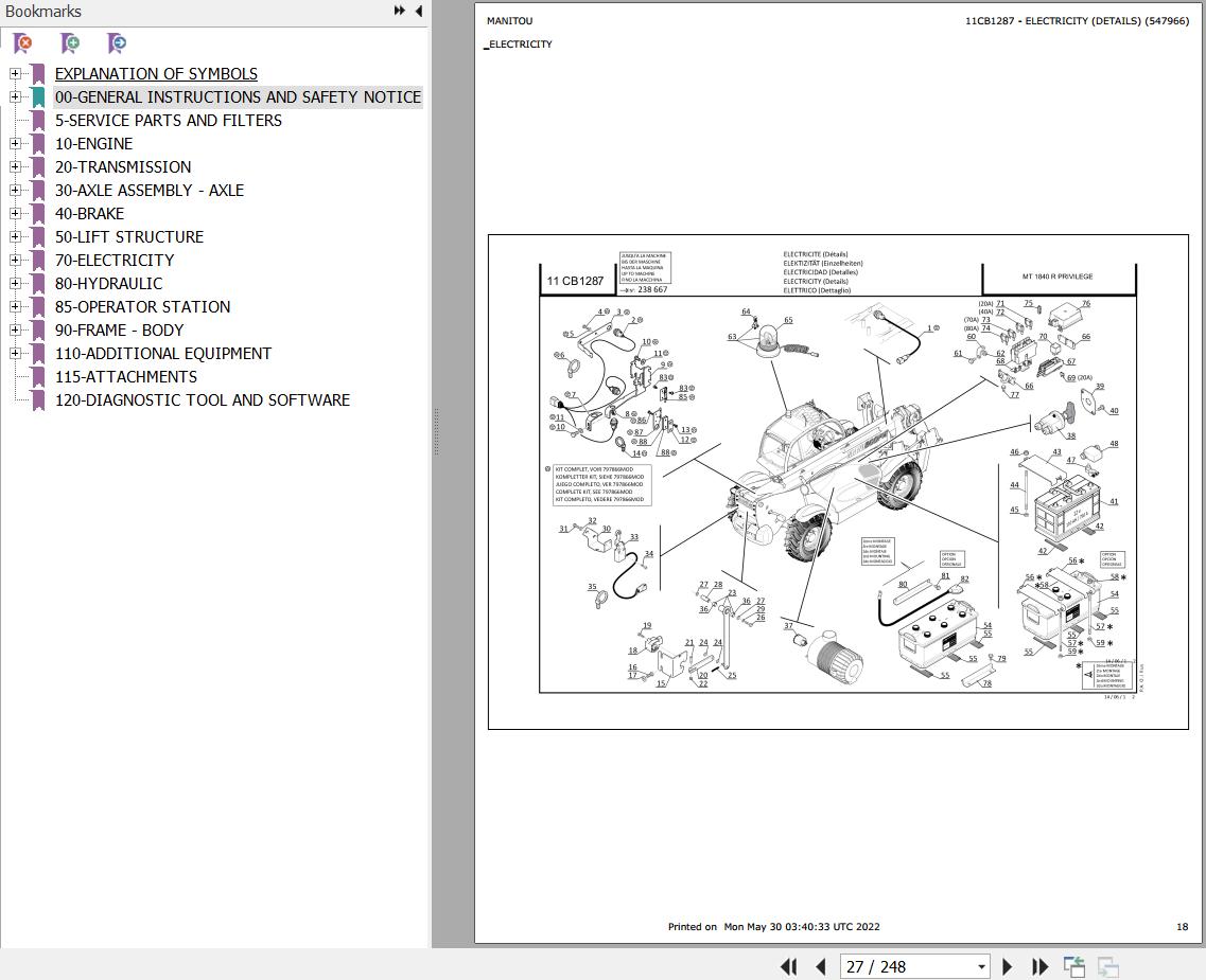 Manitou Telehandler MT 1058 R PRIVILEGE Parts Catalog 547966