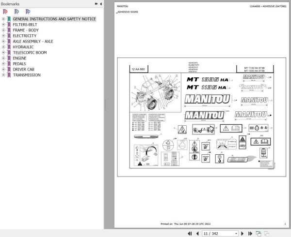 Manitou Telehandler MT 1135 H A ST3B Parts Catalog 647390