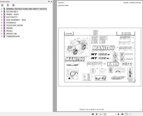 Manitou Telehandler MT 1135 H ST3B Parts Catalog 647105