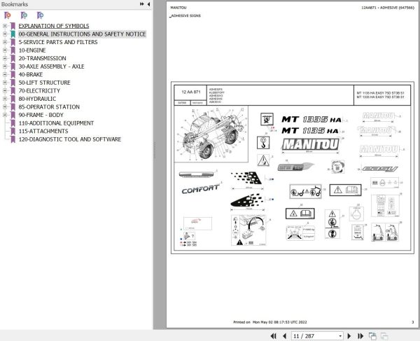 Manitou Telehandler MT 1135 HA EASY 75D ST3B S1 Parts Catalog 647566