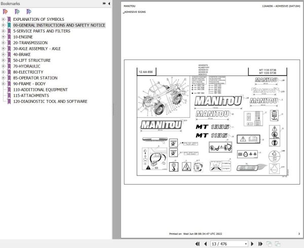 Manitou Telehandler MT 1135 ST3B Parts Catalog 647104