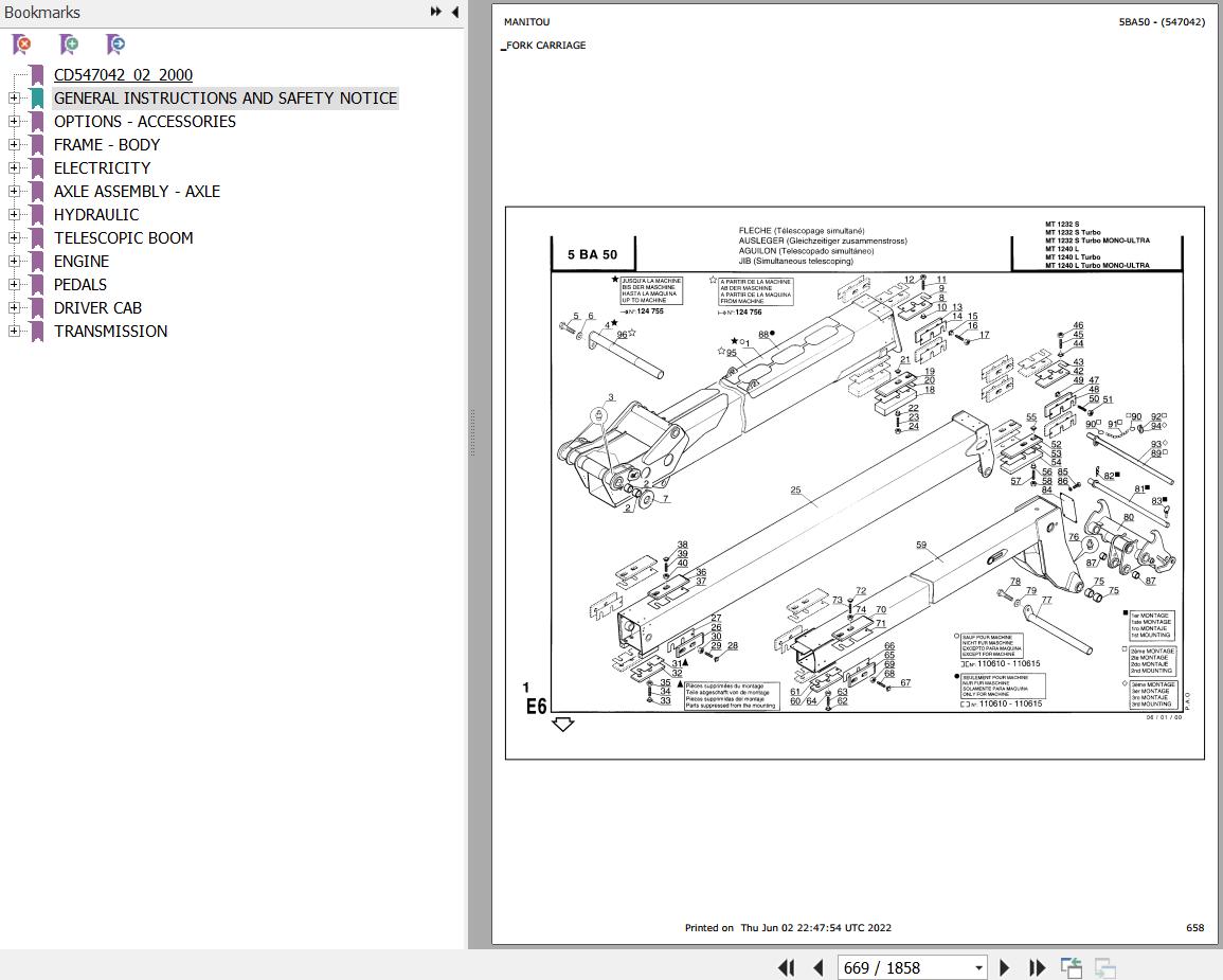 Manitou Telehandler MT 1232 S Parts Catalog 547023