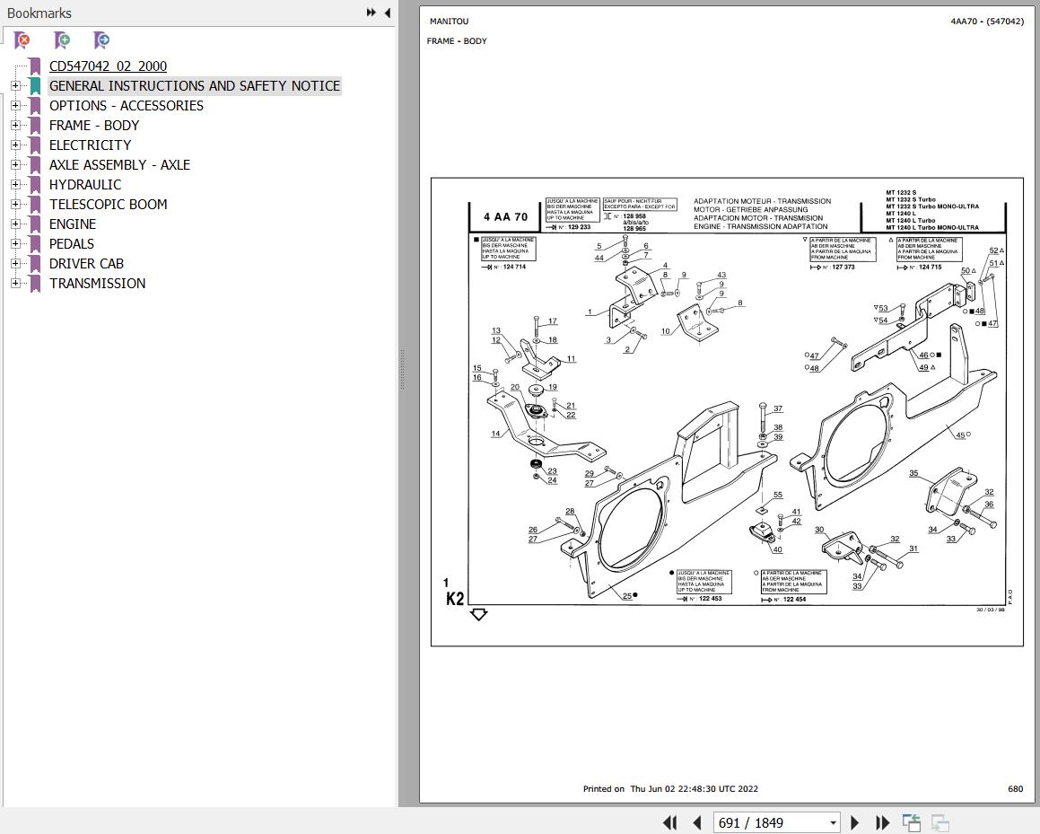 Manitou Telehandler MT 1232 S TURBO MONO ULTRA Parts Catalog 547042