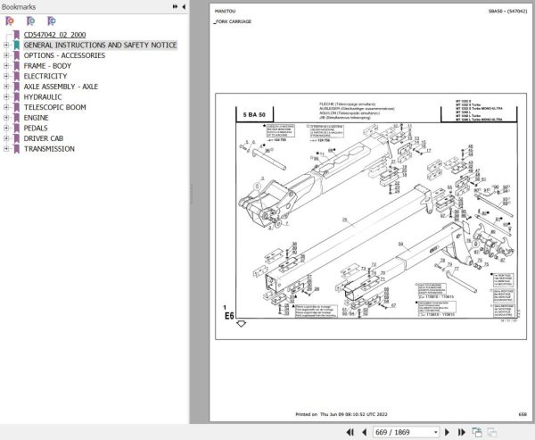 Manitou Telehandler MT 1232 S TURBO Parts Catalog 547042