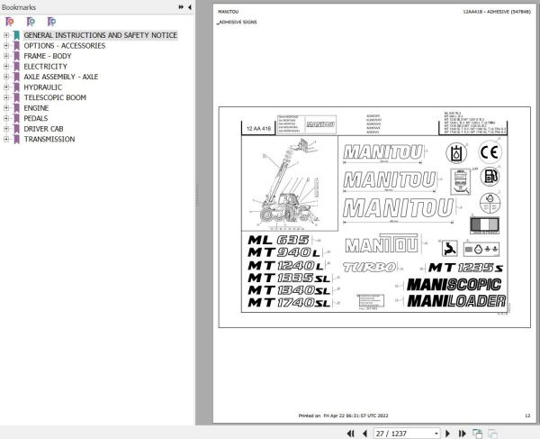Manitou Telehandler MT 1235 S TURBO S3 E2 Parts Catalog 547848