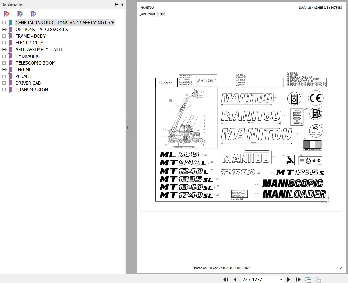Manitou Telehandler MT 1235 S TURBO S3 E2 Parts Catalog 547848