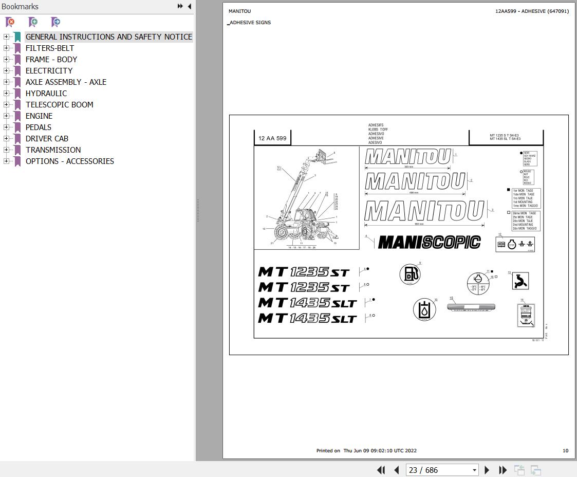 Manitou Telehandler MT 1235 S TURBO S4 E3 Parts Catalog 647091