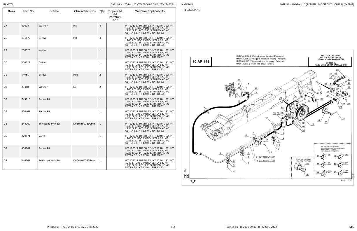 Manitou Telehandler MT 1240 L S2 Parts Catalog 547751