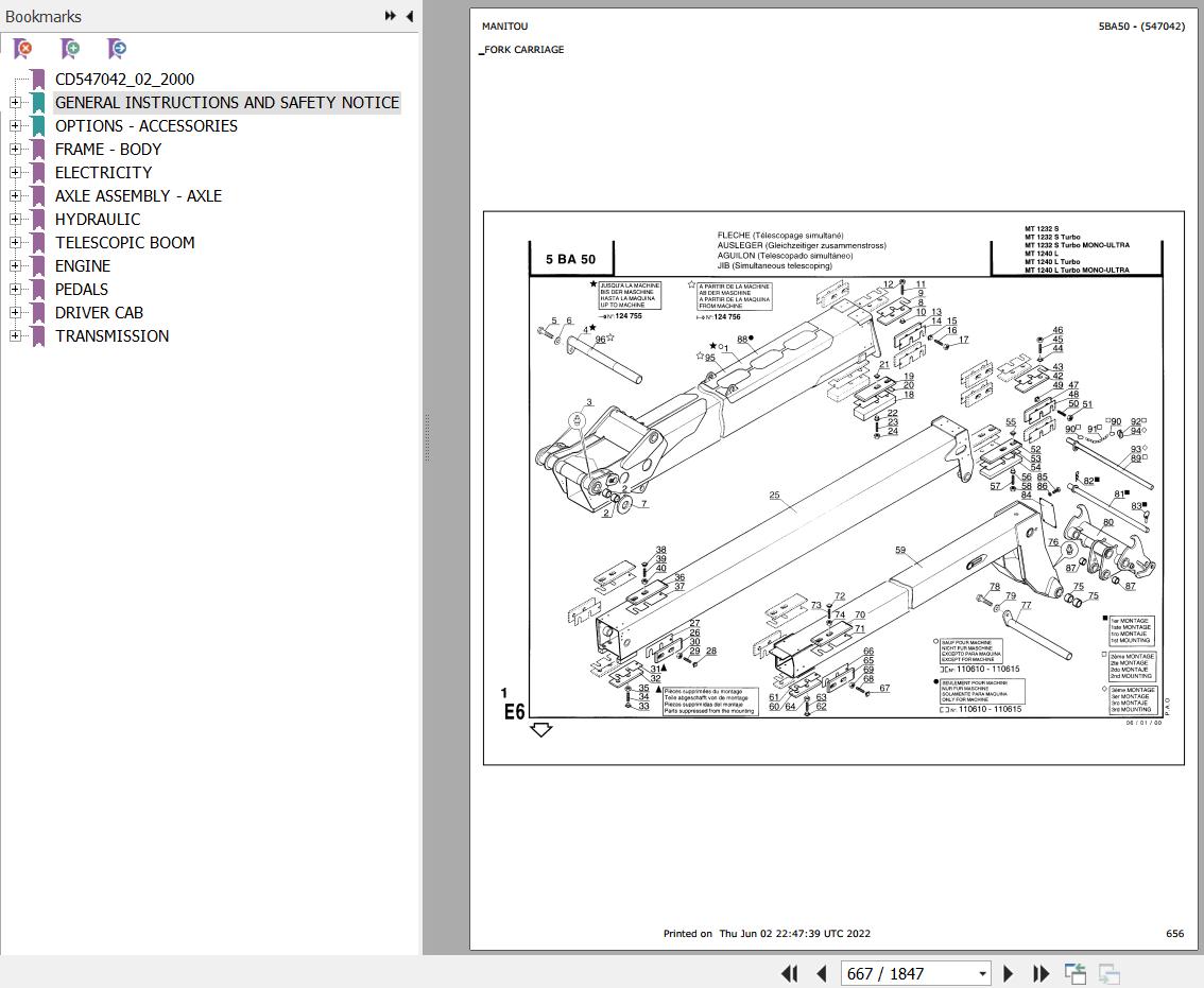 Manitou Telehandler MT 1240 L TURBO MONO ULTRA Parts Catalog 547042