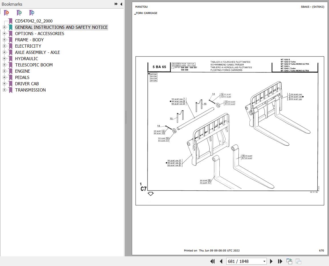 Manitou Telehandler MT 1240 L TURBO Parts Catalog 547042