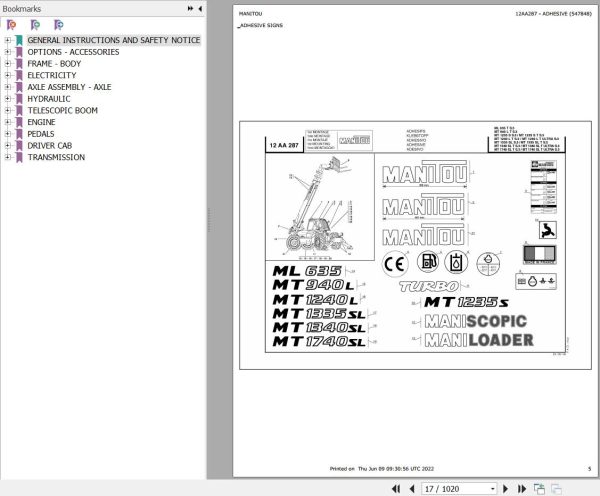 Manitou Telehandler MT 1240 L TURBO S3 E2 Parts Catalog 547848