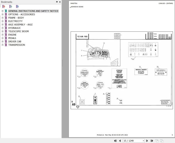 Manitou Telehandler MT 1330 SL Parts Catalog 547049