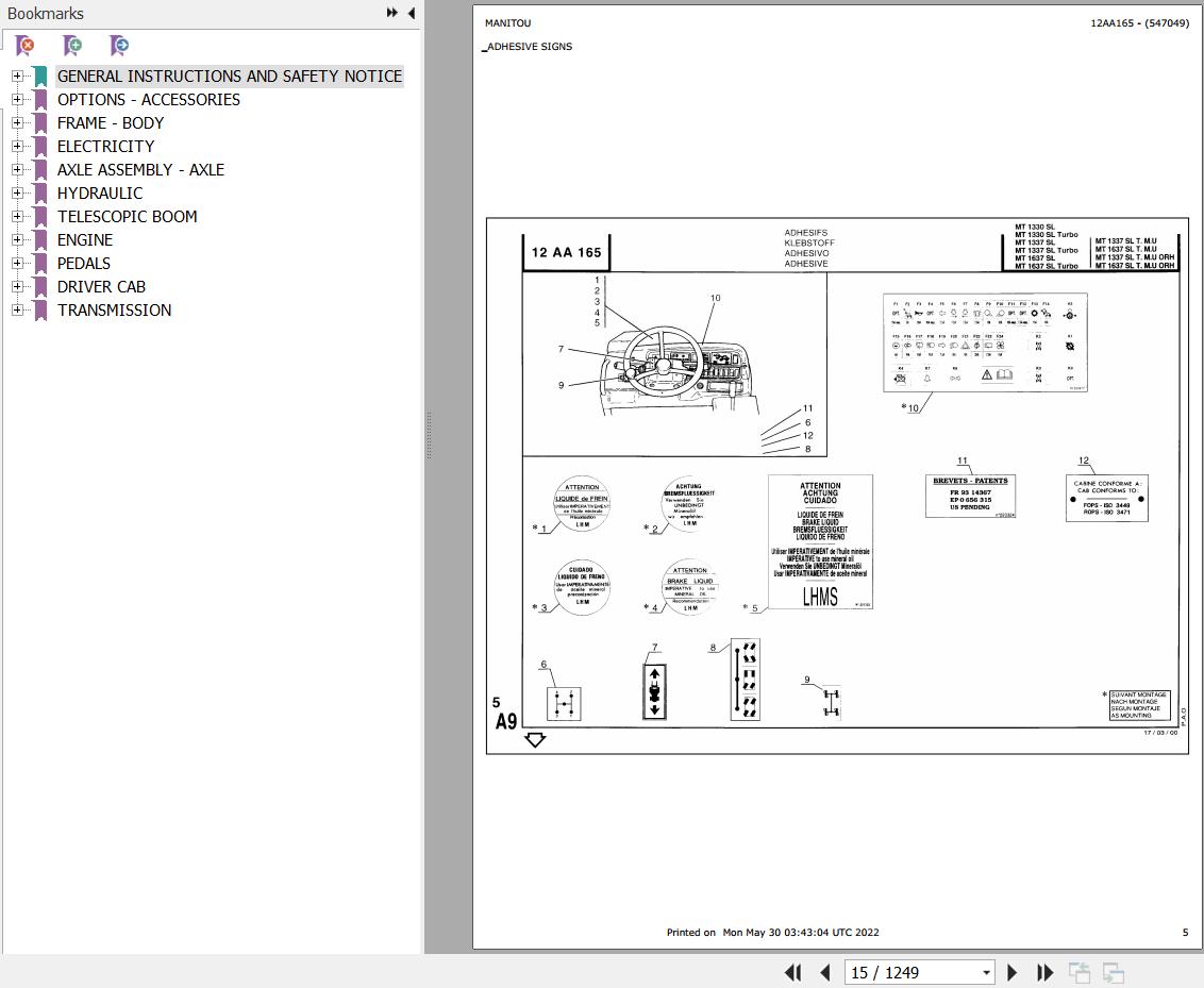 Manitou Telehandler MT 1330 SL Parts Catalog 547049