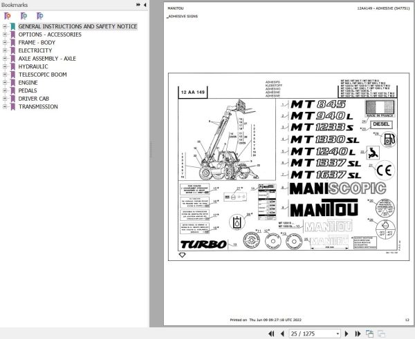 Manitou Telehandler MT 1330 SL TURBO S2 Parts Catalog 547751