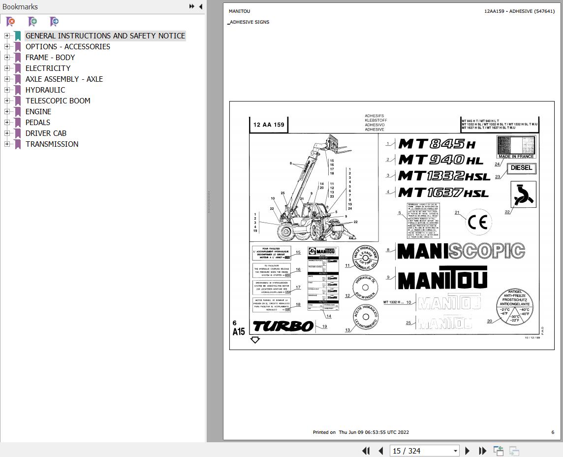 Manitou Telehandler MT 1332 H SL Parts Catalog 547641