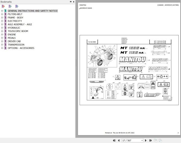 Manitou Telehandler MT 1335 H A ST3B Parts Catalog 647399