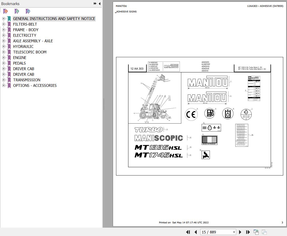 Manitou Telehandler MT 1335 H SL TURBO S2 E2 Parts Catalog 547859