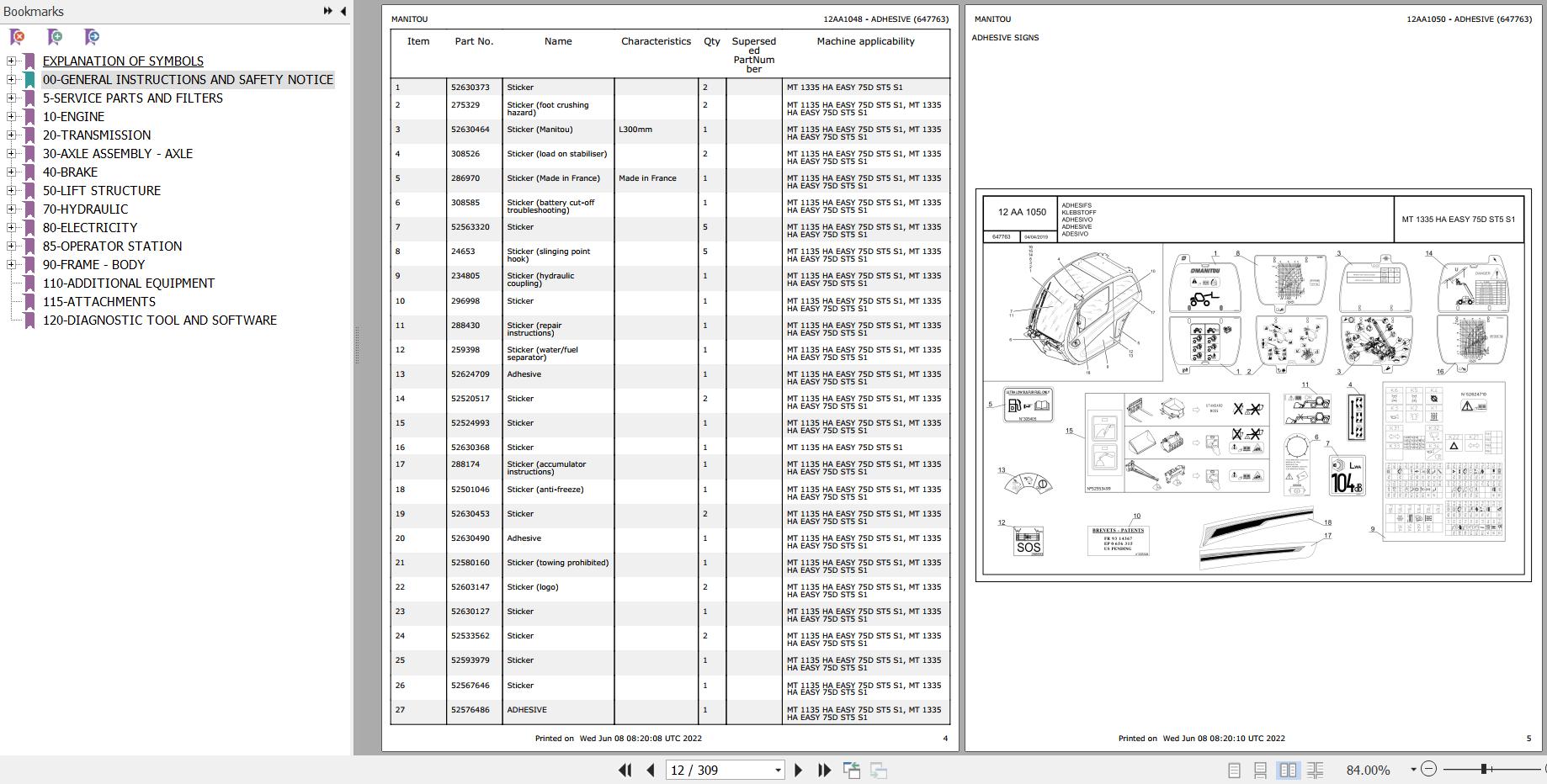 Manitou Telehandler MT 1335 HA EASY 75D ST5 S1 Parts Catalog 647763