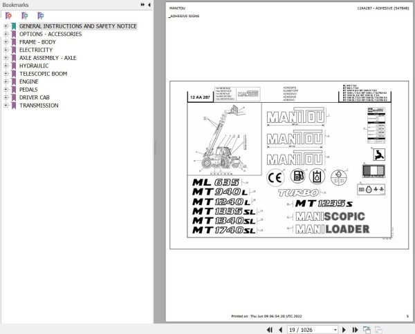 Manitou Telehandler MT 1335 SL S3 E2 Parts Catalog 547848