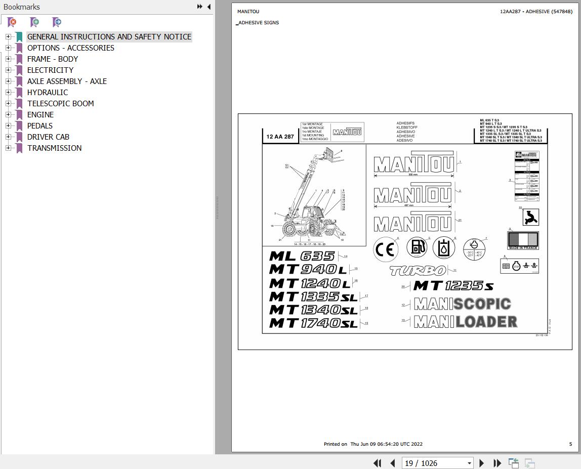 Manitou Telehandler MT 1335 SL S3 E2 Parts Catalog 547848