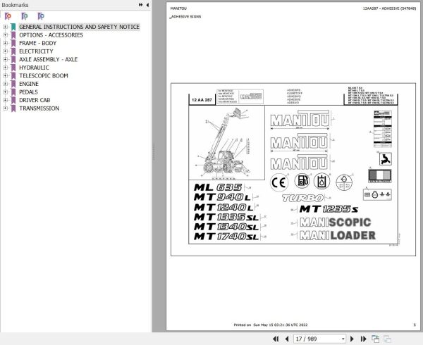 Manitou Telehandler MT 1335 SL TURBO S3 E2 Parts Catalog 547848