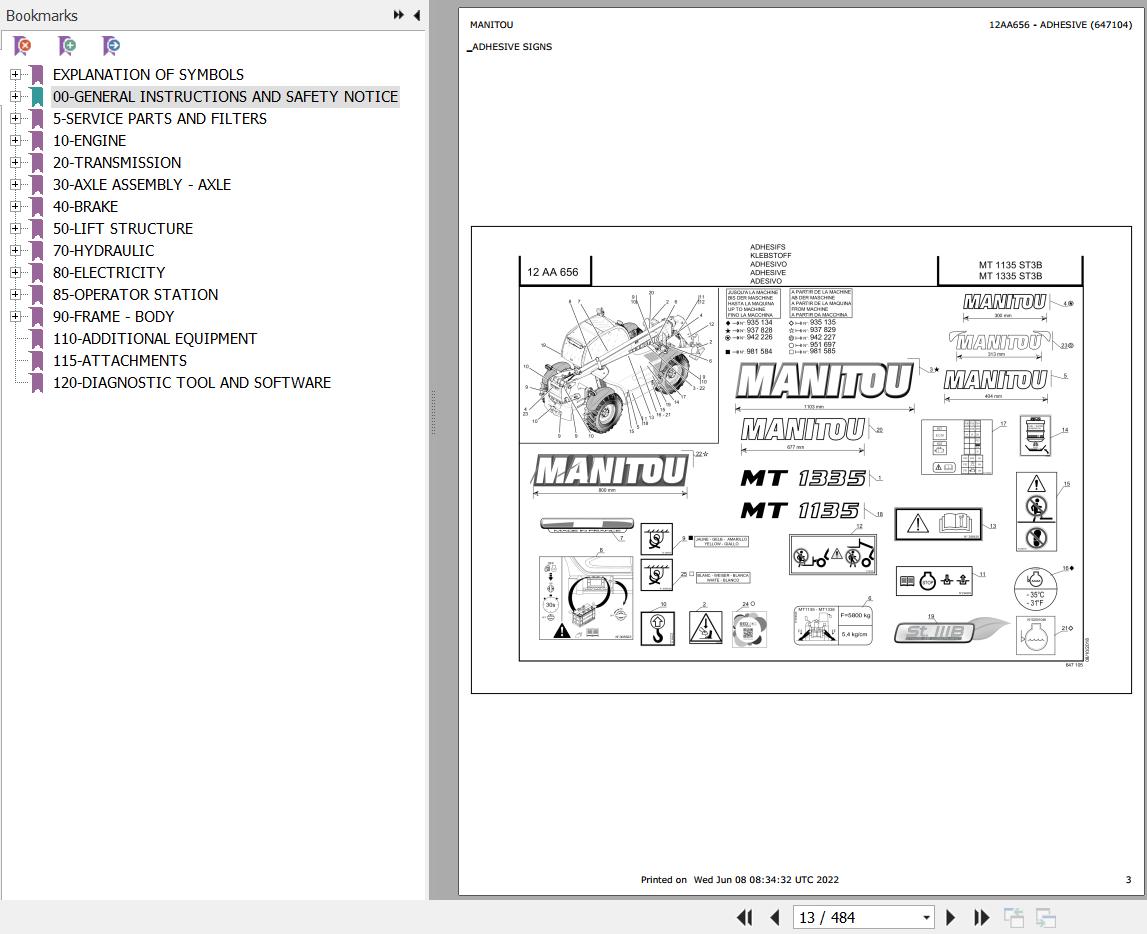 Manitou Telehandler MT 1335 ST3B Parts Catalog 647104