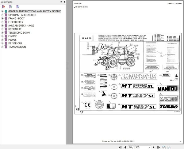 Manitou Telehandler MT 1337 SL TURBO MONO ULTRA ORH Parts Catalog 547049