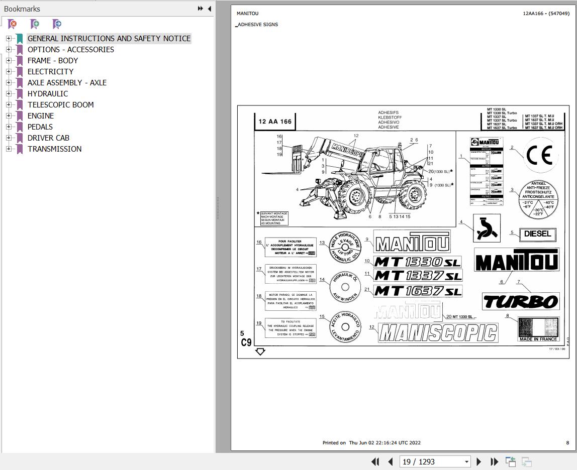 Manitou Telehandler MT 1337 SL TURBO Parts Catalog 547049