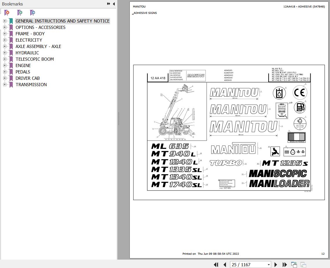 Manitou Telehandler MT 1340 SL TURBO S3 E2 Parts Catalog 547848