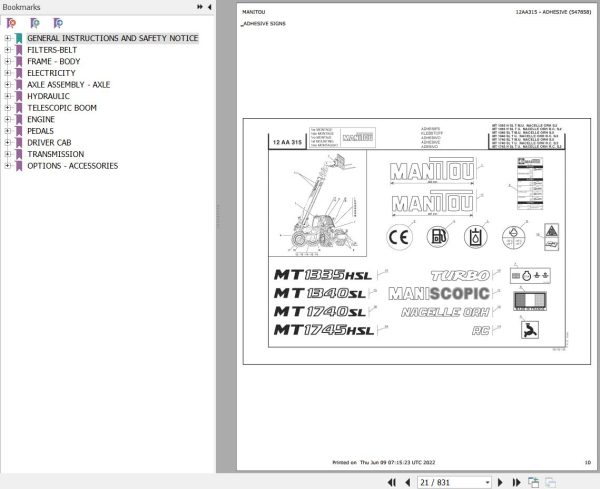 Manitou Telehandler MT 1340 SL TURBO ULTRA ORH RC S3 E2 Parts Catalog 547858