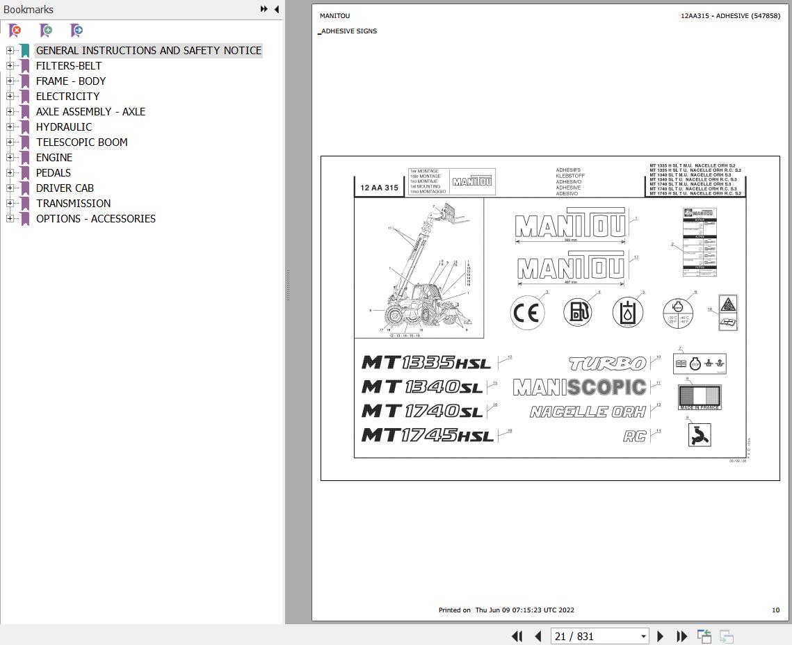 Manitou Telehandler MT 1340 SL TURBO ULTRA ORH RC S3 E2 Parts Catalog 547858