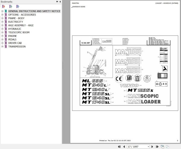 Manitou Telehandler MT 1340 SL TURBO ULTRA S3 E2 Parts Catalog 547848