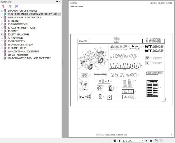 Manitou Telehandler MT 1435 100P ST3B S1 Parts Catalog 647500
