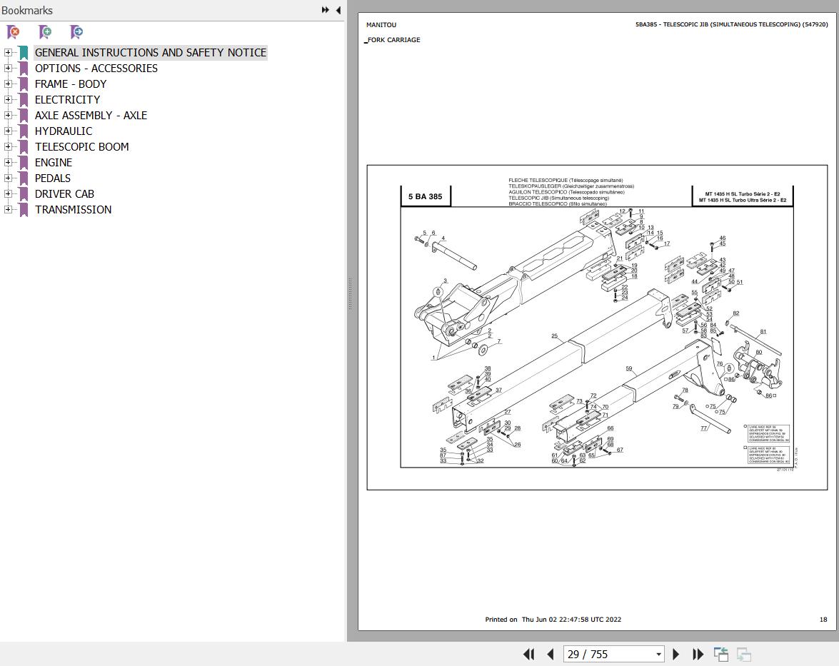 Manitou Telehandler MT 1435 H SL TURBO ULTRA S2 E2 Parts Catalog 547920